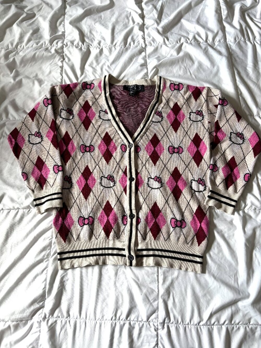Forever 21 x Hello Kitty argyle cardigan sweater minor color bleed size S
